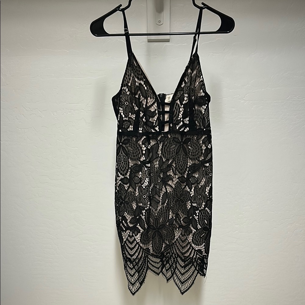 Black Lace Chemise with Scalloped Hem and V-Neckline